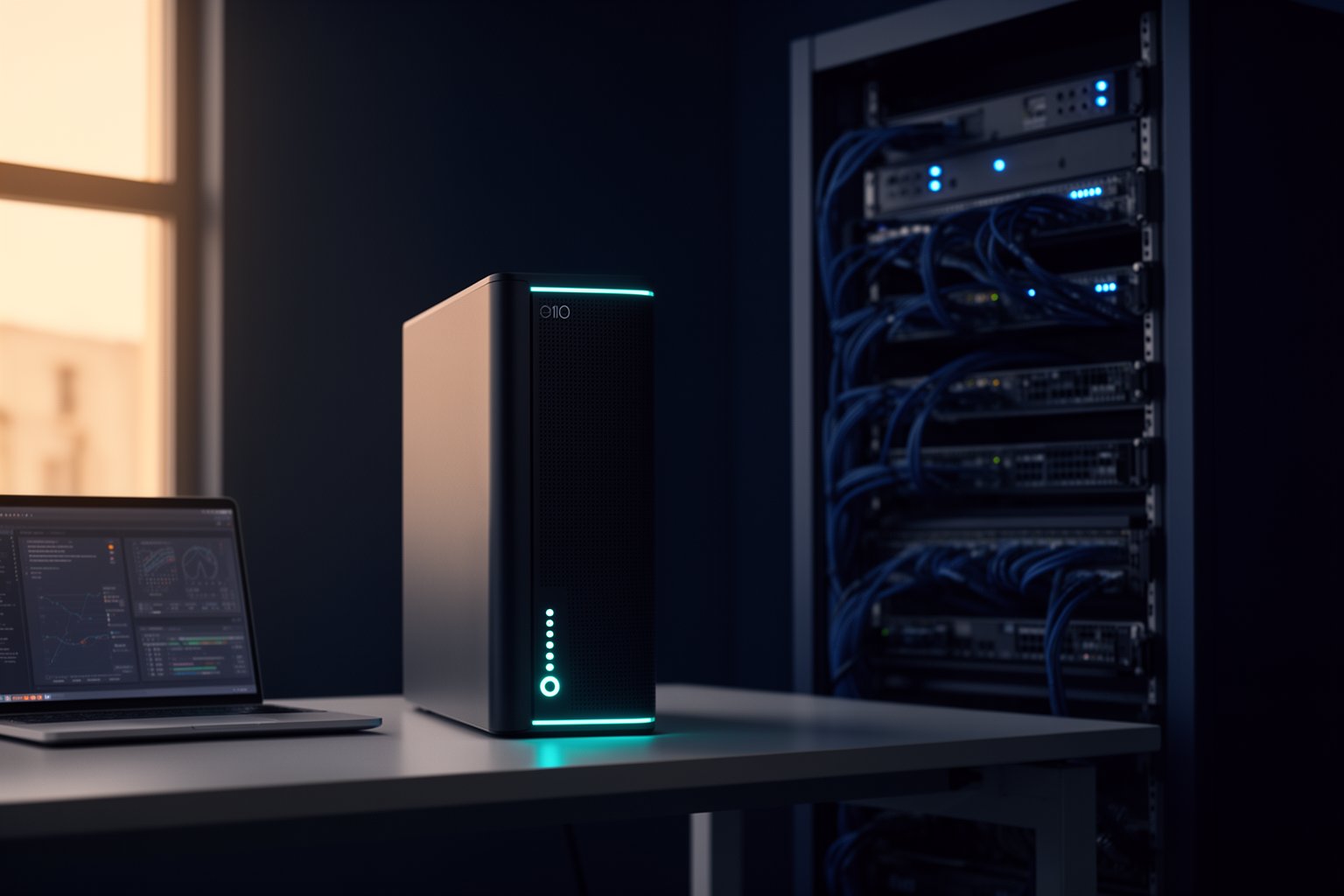 Machine IA compacte dans la salle technique d'une entreprise — vos données restent sur site