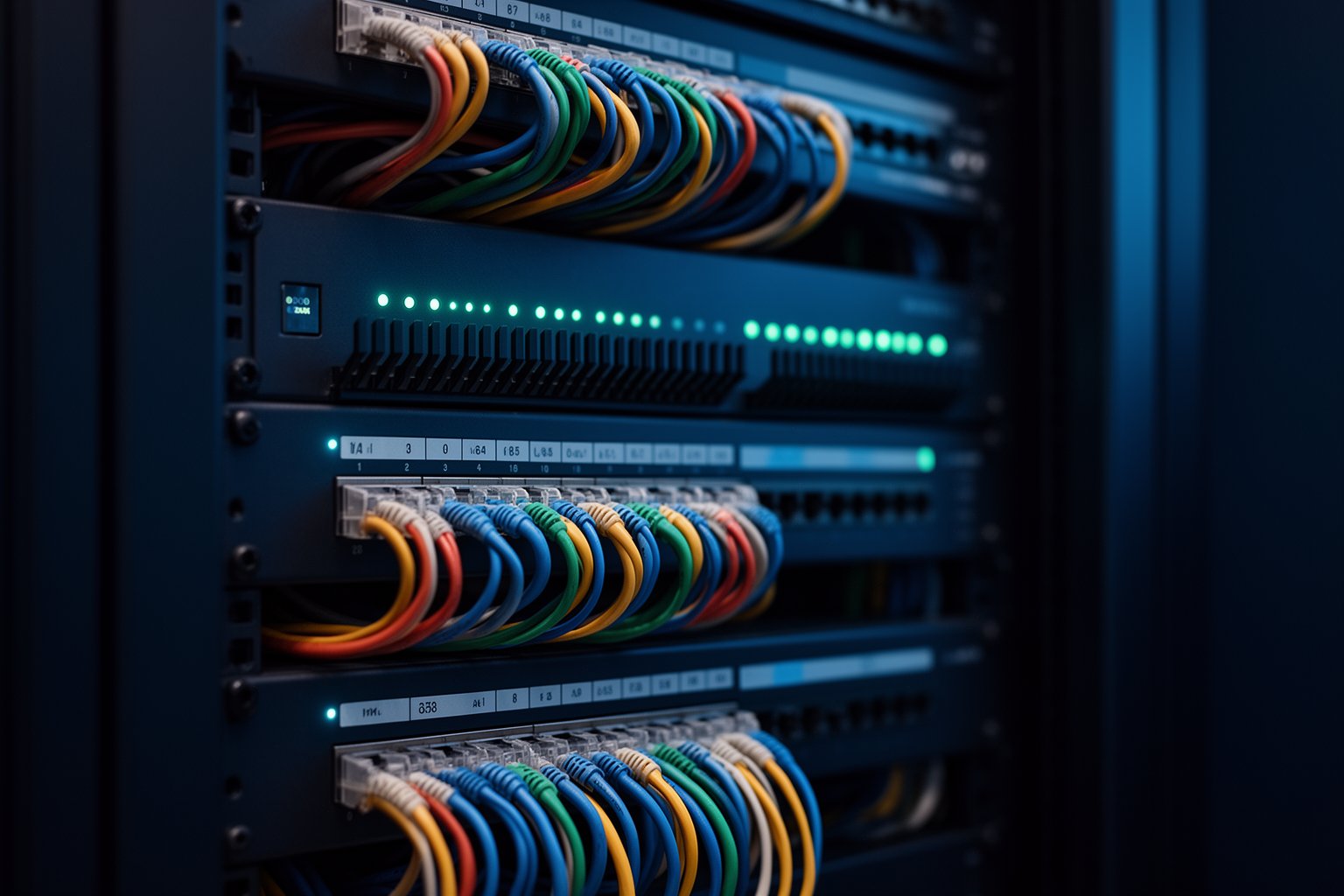 Rack réseau ordonné : câblage structuré et switchs du parc informatique